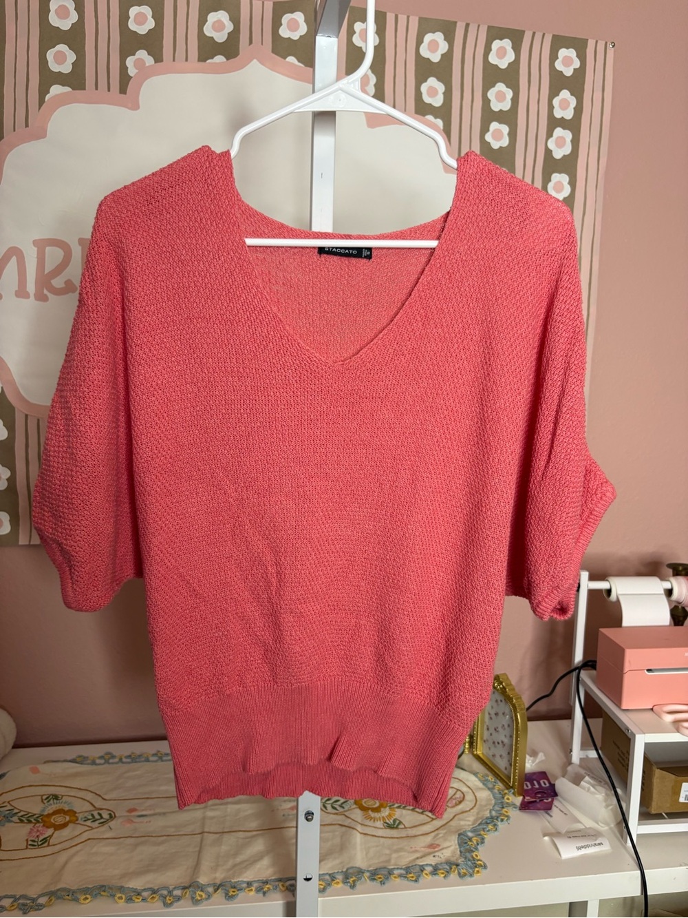 Staccato 3/4 Sleeve V-Neck Sweater in Coral Pink